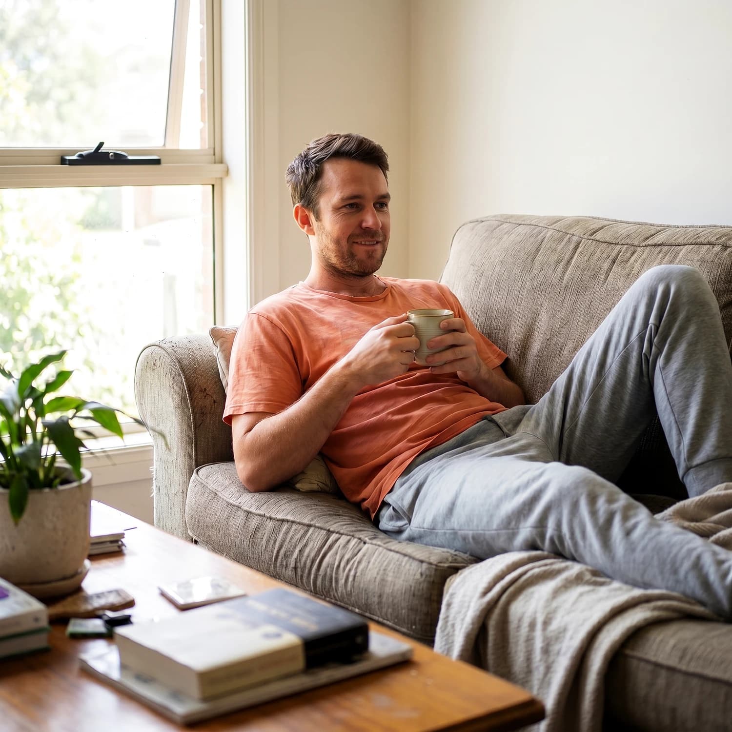 Australian man relaxing on his couch the day after his vasectomy